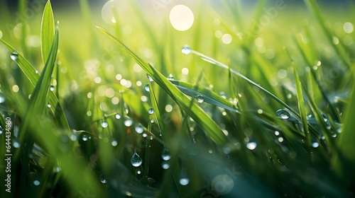 Fresh green grass with dew drops close up. Natural background. Macro shot of beautiful morning dew on perfect green grass. Ecology and environment concept. Droplets of water of bright leafy grass.