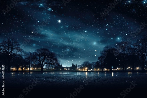 A background image for creative content, featuring a starry night with a view of the sky over a park, evoking a sense of wonder of a winter night. Photorealistic illustration, Generative AI