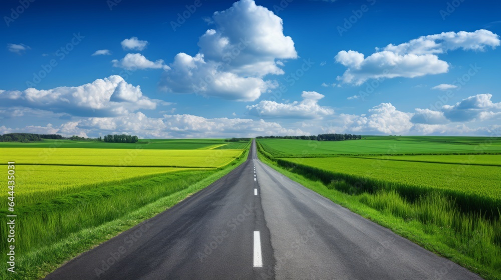 Long clear Asphalt road with clouds and sky, natural background. Rural asphalt road through green fields with a blue sky. Long empty straight lane. Long clear Asphalt road with clouds and sky, natural background. Rural asphalt road through green fields with a blue sky. Long empty straight lane.