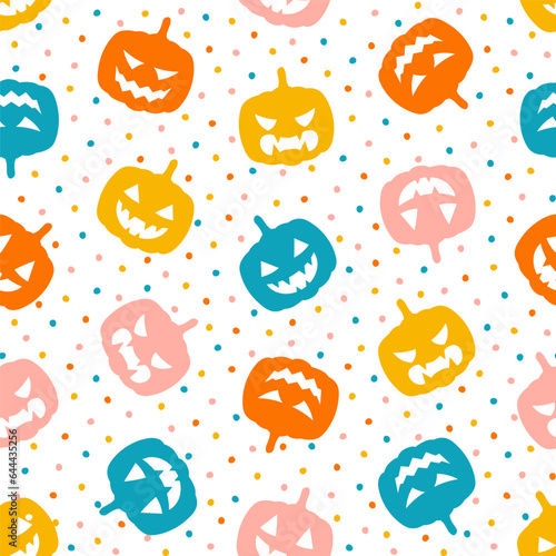 Seamless pattern with colorful halloween pumpkin and dots