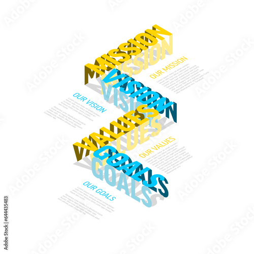 Light Company profile statement - mission, vision, values, goals in 3d isometry style