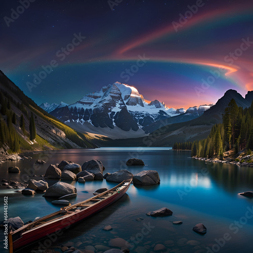 Colorful night landscape with lake  mountains  forest  stars  full moon  purple sky and clouds reflected in water. Dramatic AI generated landscape. Digital illustration. CG Artwork Background