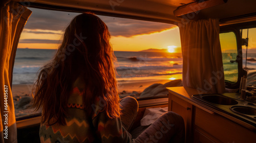 Woman Gazing at the Beach Sunset from Inside a Camper