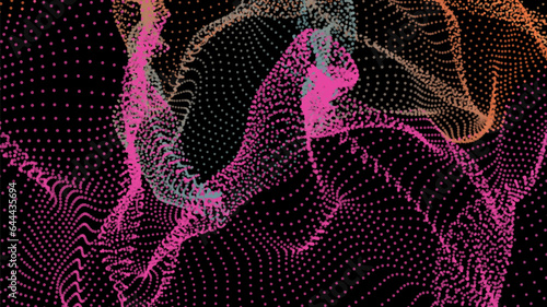 Energy net flows. Dot particle lines penetrating fog. Neon lights plexus of knots. Curved node row space infinity. Linking funnel universe parameters. Background information technology presentation.