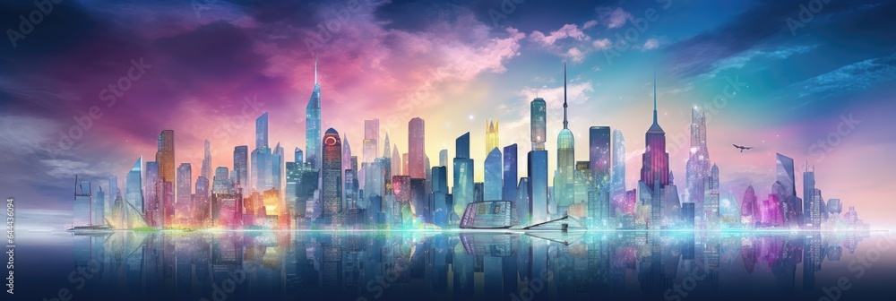 Fototapeta premium A Modern City Crafted from Shimmering Gemstones - Sparkling Urban Landscape Wallpaper - Gemstone Art of City and Towers Backdrop - Gemstone Cityscape Display created with Generative AI Technology