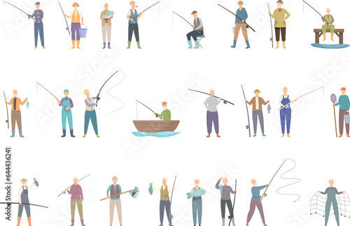 Grandfather fishing icons set cartoon vector. Man nature. Travel time
