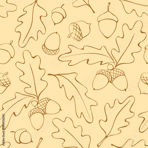 Fototapeta Naklejka Na Ścianę i Meble -  Seamless pattern with oak leaves, acorns. Vector autumn texture isolated, hand drawn in doodle style, brown outline. Concept of forest, leaf fall, nature, thanksgiving