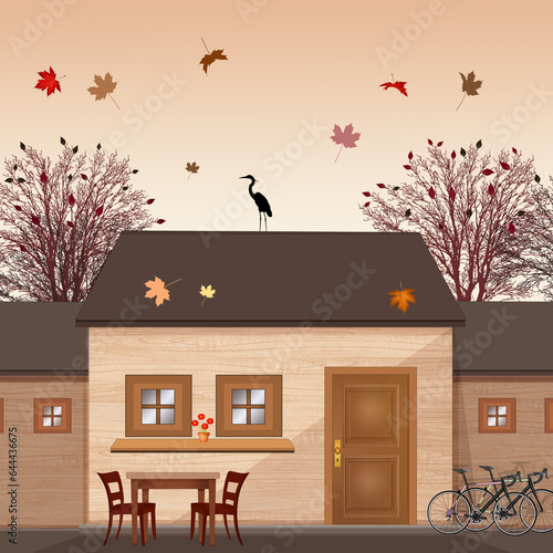 illustration of bungalow cottage in autumn