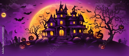 Happy halloween background with scary pumpkins with spooky castle, flying bats and full moon.  illustration for happy halloween card, flyer, banner and poster AI Generative