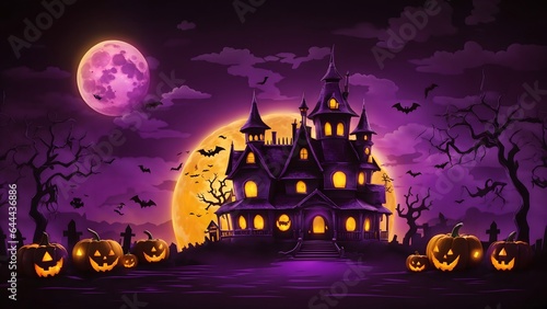 Happy halloween background with scary pumpkins with spooky castle, flying bats and full moon.  illustration for happy halloween card, flyer, banner and poster AI Generative