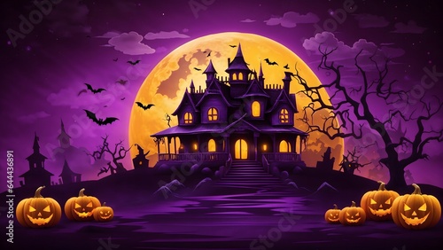 Happy halloween background with scary pumpkins with spooky castle, flying bats and full moon.  illustration for happy halloween card, flyer, banner and poster AI Generative