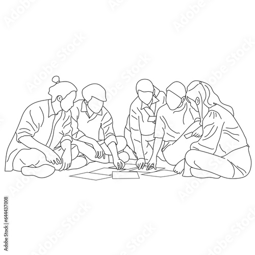 Line art of a group of students together in a circle engaged in a lively discussion