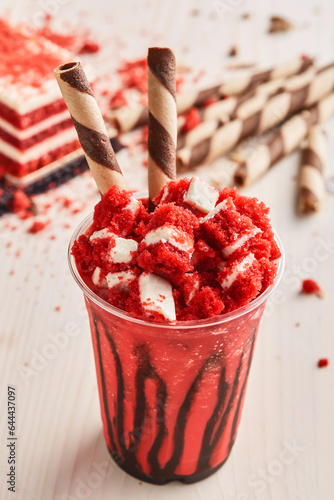 Red velvet Milkshake with straw and cake served in glass isolated on table top view healthy morning drink