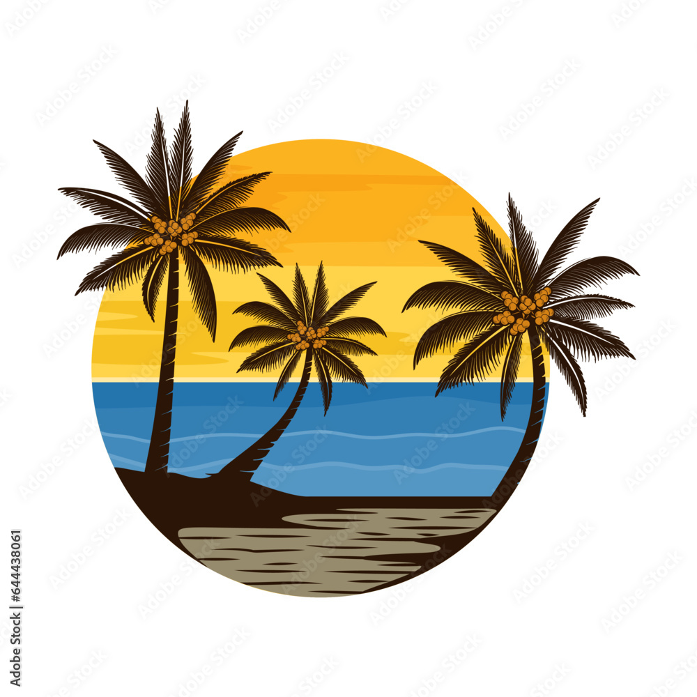 beach vector logo. concept of beach, palm trees and sunset.