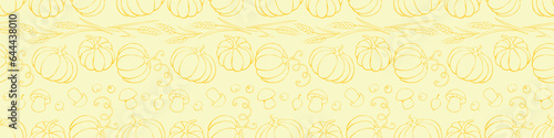 Vector seamless pattern of autumn harvest symbols: pumpkins, wheat ears, berries, mushrooms in doodle style. Outline background, texture. Theme: forest, happy autumn, Thanksgiving