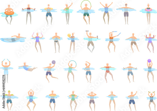 Elderly people swimming icons set cartoon vector. Pool water. Old senior