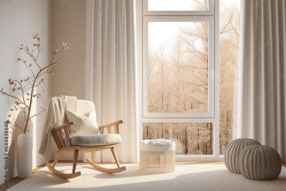 Fall Nursery Interior Mockup with Linen Wood Rocking Chair with Branch and Fall Leaves Fall Nursery Interior Mockup with Linen Wood Rocking Chair with Branch and Fall Leaves