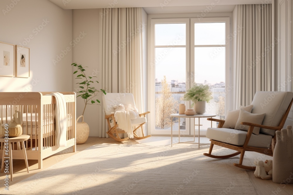 Fototapeta premium Modern Beige Clean Nursery Sunny Interior with Indoor Plants