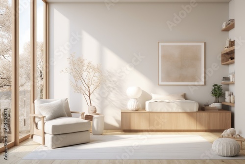 Beige Modern Living Area Apartment Space with Wood Console Table and Table Lamp