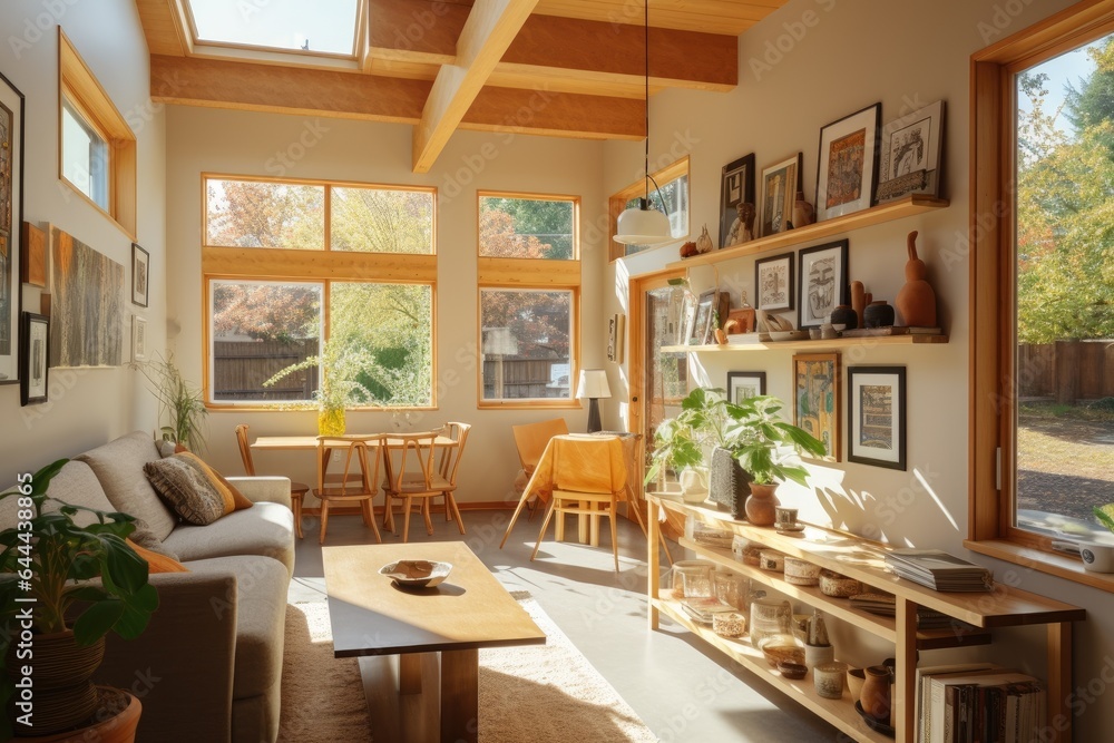 Fototapeta premium Lived in Bright Cozy Apartment Living Room with House Plants on Console Table and Sustainable Wood Accents