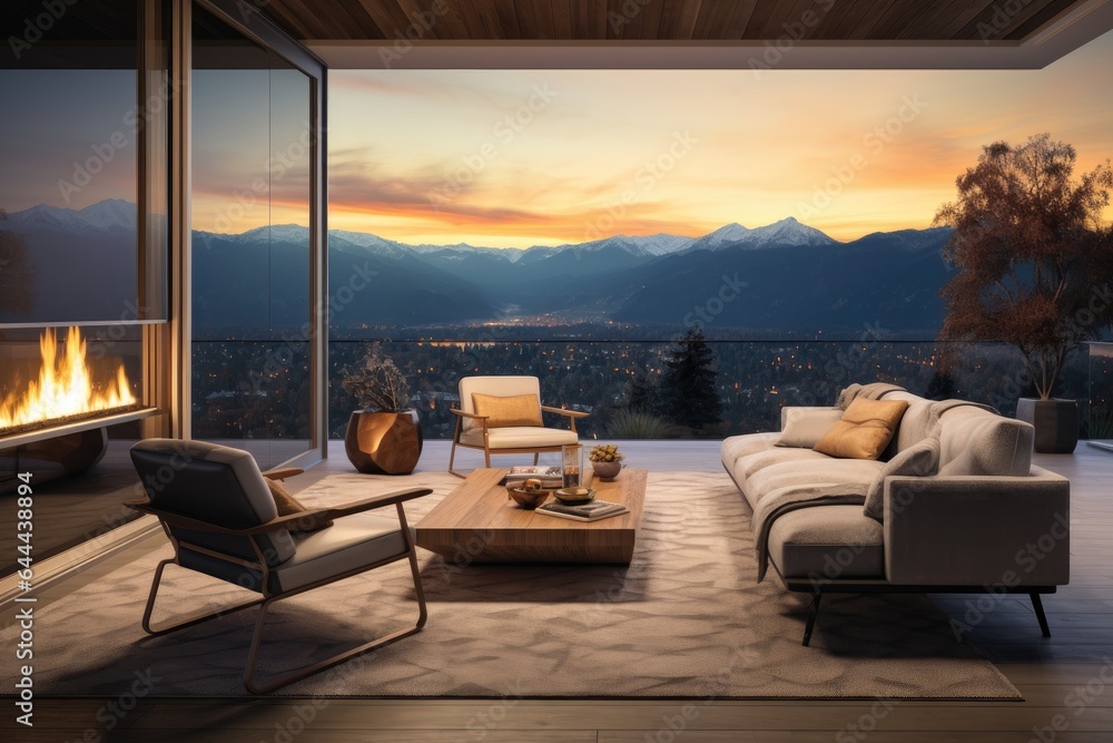 Modern Artist Luxury Living Room with Wall to Wall Expansive Windows. Sleek Fireplace with Wood Coffee Table and Mountain Summer Views at Sunset