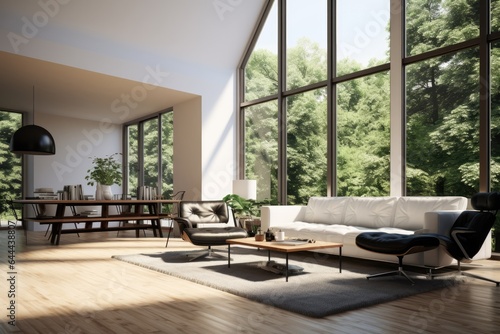 New Open Concept Modern Living Room Interior with Floor to Ceiling Windows and Sunlight Hitting Hardwood Floors