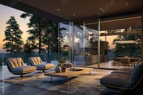 Luxury Modern Outdoor Living Area with Glass Doors at Sunset in The Mountains at Dusk