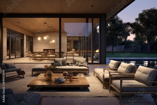 Dim Lit Ultra Modern Outdoor Entertaining Space with Lounge Chairs and Low Profile Wood Coffee Table and Glass Sliding Doors Looking Into Dining Room Interior © Bryan