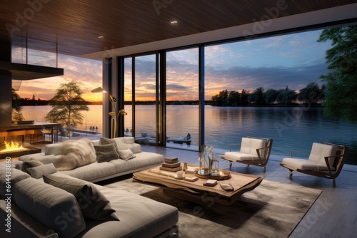 Luxurious Residential Modern Family Room Interior with A Fireplace and Open Windows Looking out Over Lake at Sunset © Bryan