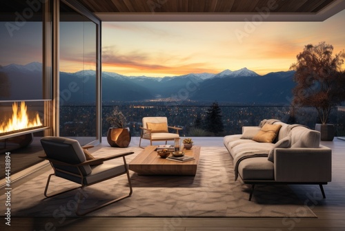Modern Artist Luxury Living Room with Wall to Wall Expansive Windows. Sleek Fireplace with Wood Coffee Table and Mountain Summer Views at Sunset © Bryan