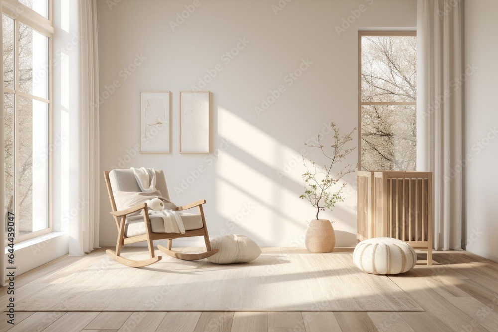 Minimal Modern Charming Neutral Room Interior with Hardwood Floors and Rocking Chair. Nursery with Olive Tree in Pot with Tall Curtains in Fall