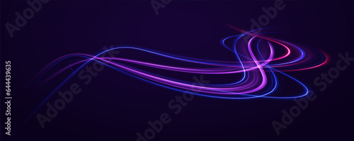 Mystical speed stripes, glitter effect. Neon lines of speed and fast wind. Glow effect, powerful energy. cyber futuristic divider border, purple and blue laser beam isolated. Glow effect, energy.
