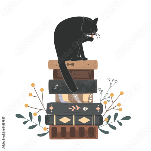 Pile of vintage books, flowers, and a big black cat on the top. Halloween and fall composition isolated on white background. Vector illustration