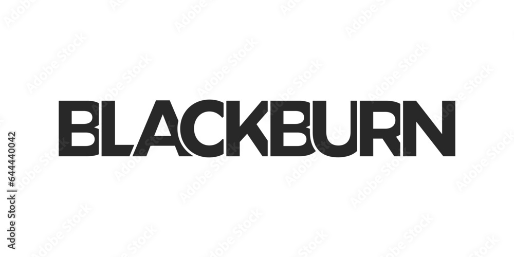 Blackburn city in the United Kingdom design features a geometric style illustration with bold typography in a modern font on white background.