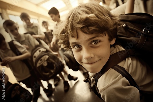 Boy with backpack at school.