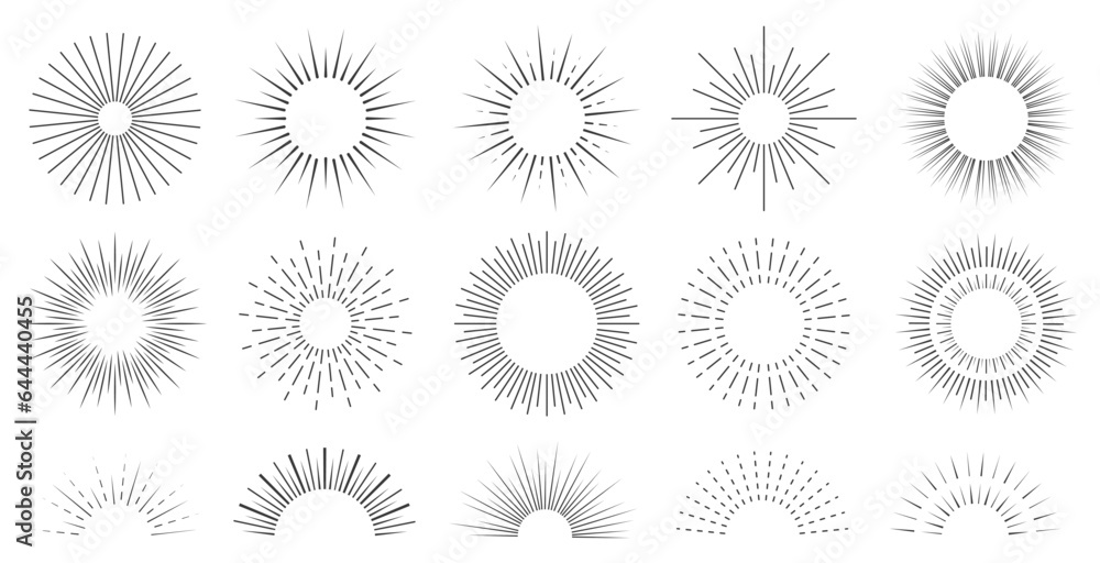 Sun ray set. Sunburst minimalistic collection. Vector sparkle ray. Decorative line sunlight. Sun ray set. Sunburst minimalistic collection. Vector sparkle ray. Decorative line sunlight.
