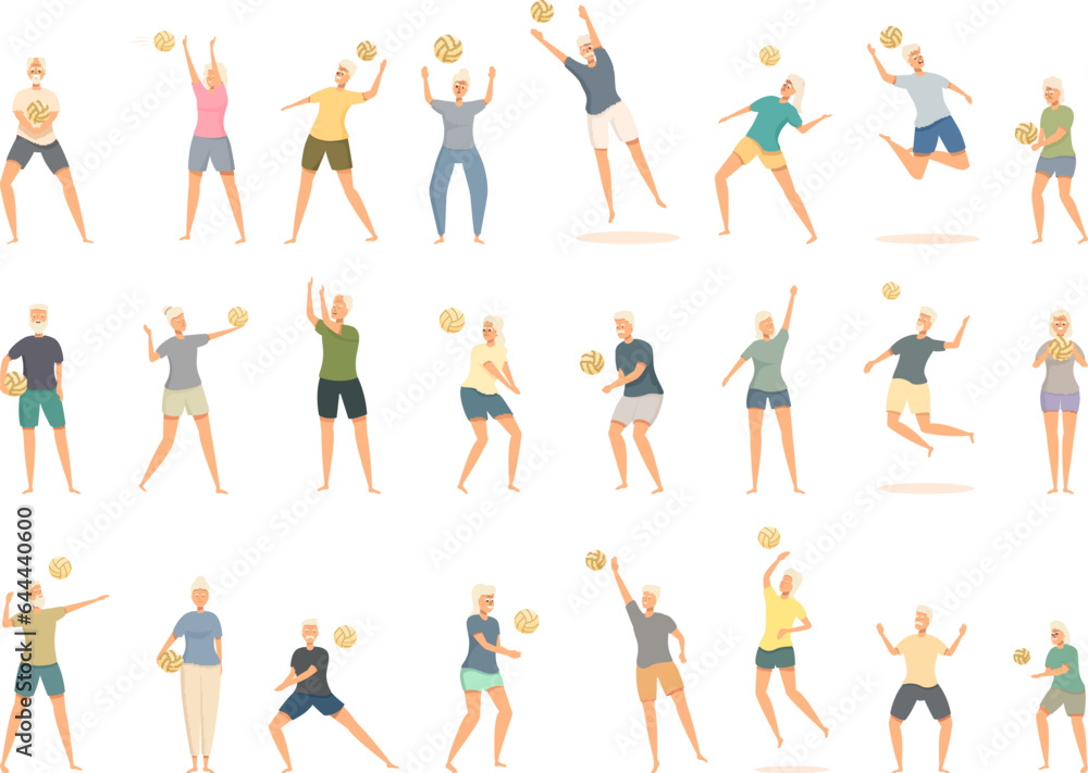 Old people playing volleyball icons set cartoon vector. Sport activity. Beach travel