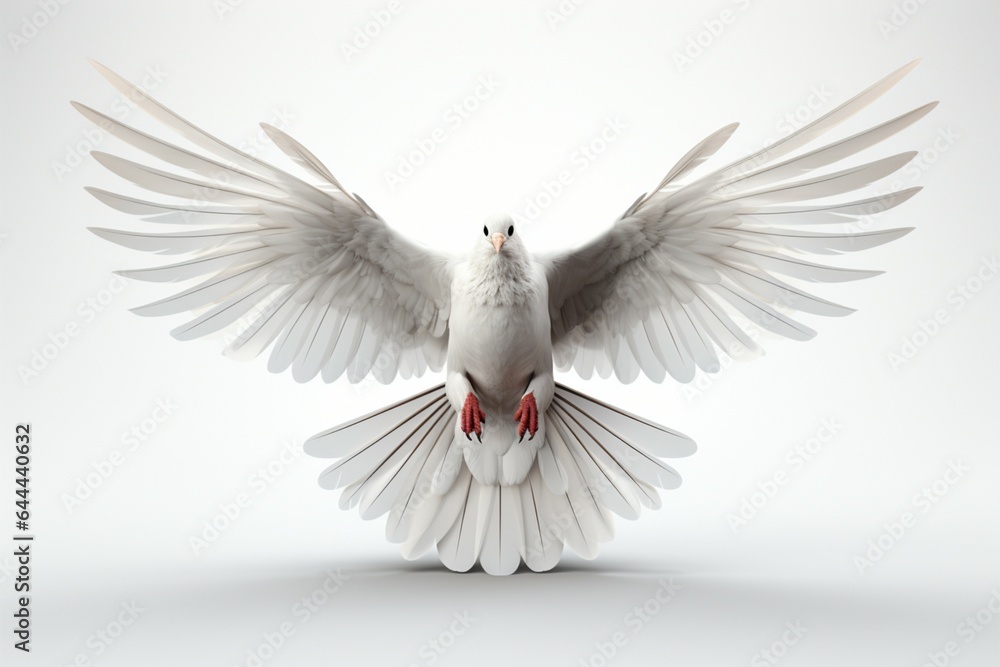 A serene white dove soars with outstretched wings, isolated on white A serene white dove soars with outstretched wings, isolated on white