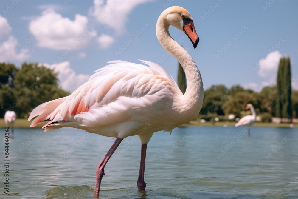 A swan gliding on a peaceful, sunlit summer lake