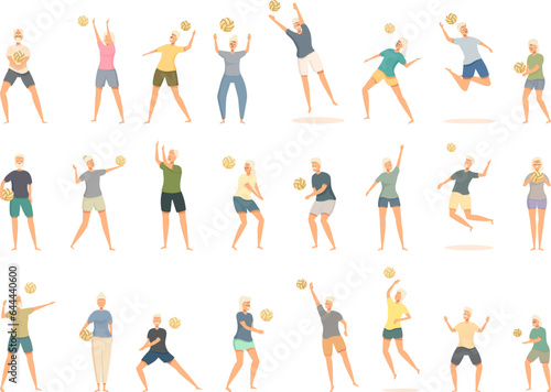 Old people playing volleyball icons set cartoon vector. Sport activity. Beach travel