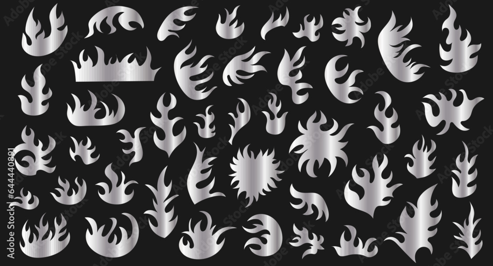 Vector set of Y2K gradient silver fire. Tribal style elements for 90s design. Retro futuristic style. Vector set of Y2K gradient silver fire. Tribal style elements for 90s design. Retro futuristic style.