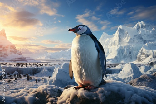 Arctic penguin on frosty shore  surrounded by towering icebergs  tranquility personified