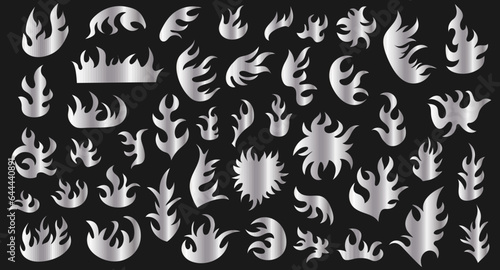 Vector set of Y2K gradient silver fire. Tribal style elements for 90s design. Retro futuristic style. 