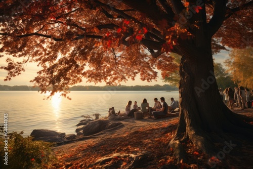 People picnic under the tree at park in autumn season. Generative AI