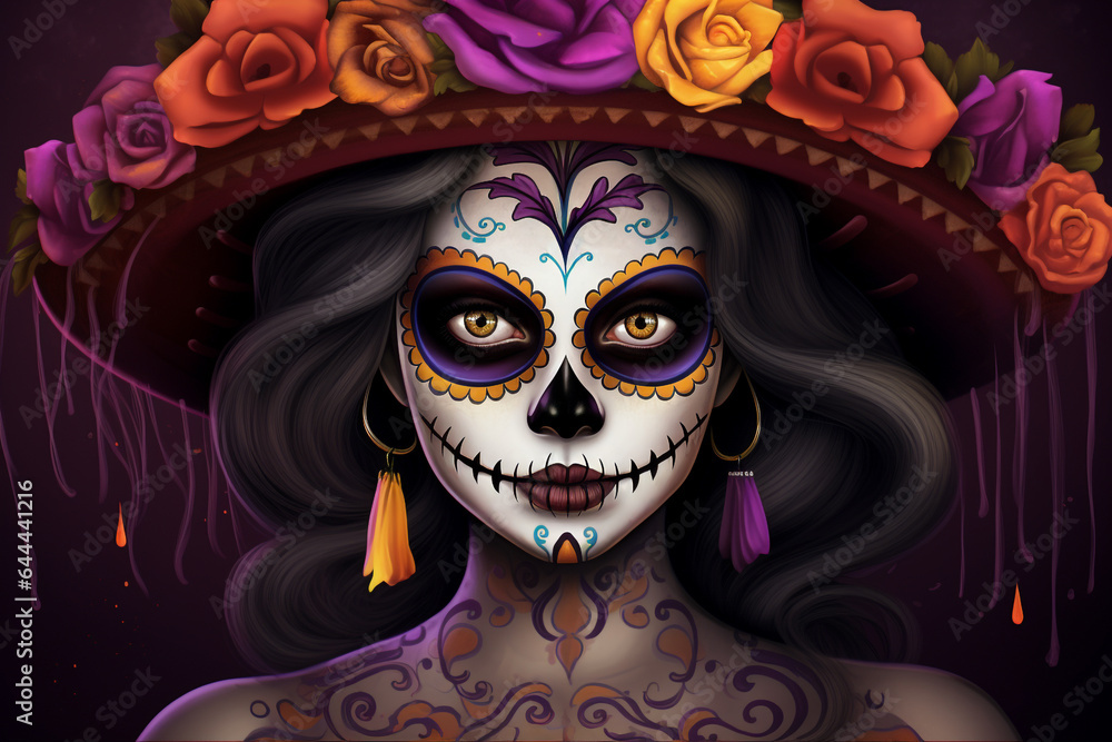 La Catrina dia de muertos Figur mit Maske / Make-up. Dekoriert mit Blumen. Tag der Toten in Mexico. Querformat. Generative Ai. La Catrina dia de muertos Figur mit Maske / Make-up. Dekoriert mit Blumen. Tag der Toten in Mexico. Querformat. Generative Ai.