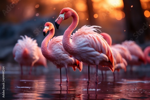 Flamingos in serene waters  reflections below  natures elegant ballet