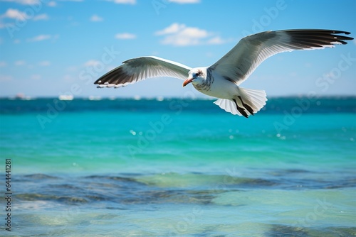 Gliding seagull  sunny sea vista  wings grace the azure expanse