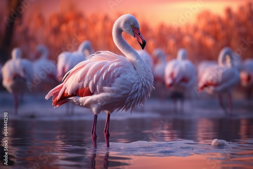 Graceful flamingos wade in a serene lake, their reflections dancing below
