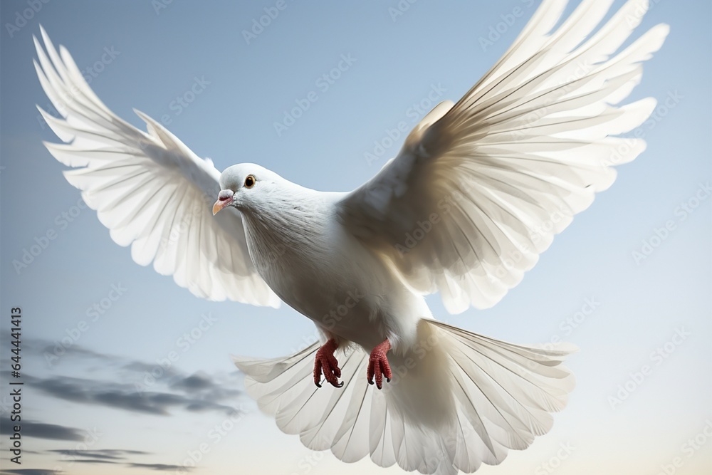 Homing pigeon in flight, its white feathers soaring through air Homing pigeon in flight, its white feathers soaring through air