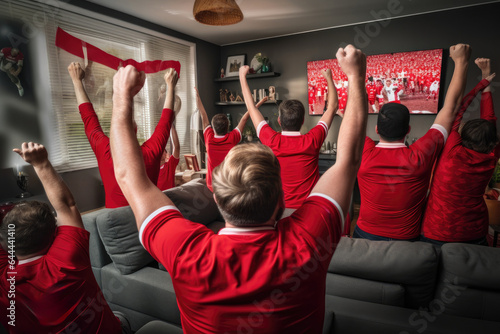 Sport fans party cheer and celebrating a winning tournament and watching TV at home. Generative AI